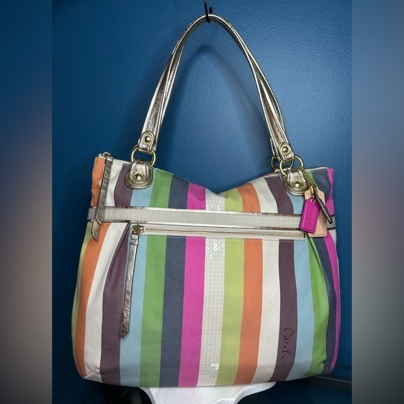 Coach Poppy Glam Tote Legacy Stripe Sequin 19021 Like New - Picture 1 of 17